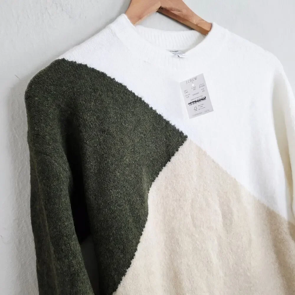 J. Crew Colorblock Mockneck Sweater Merino Wool Blend Green Cream White NWT XS